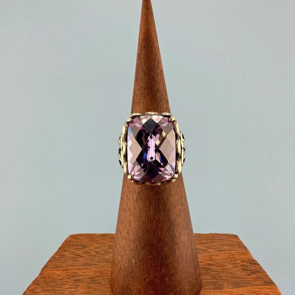 Vintage Sterling Silver Purple Stone Ring Simulated Spinel Large Faceted 6.5